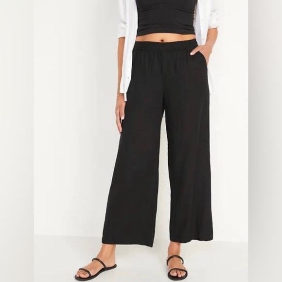 NWT! Women's Black High-Waisted Linen-Blend Wide-Leg Pants - Multiple Sizes - Picture 2 of 3